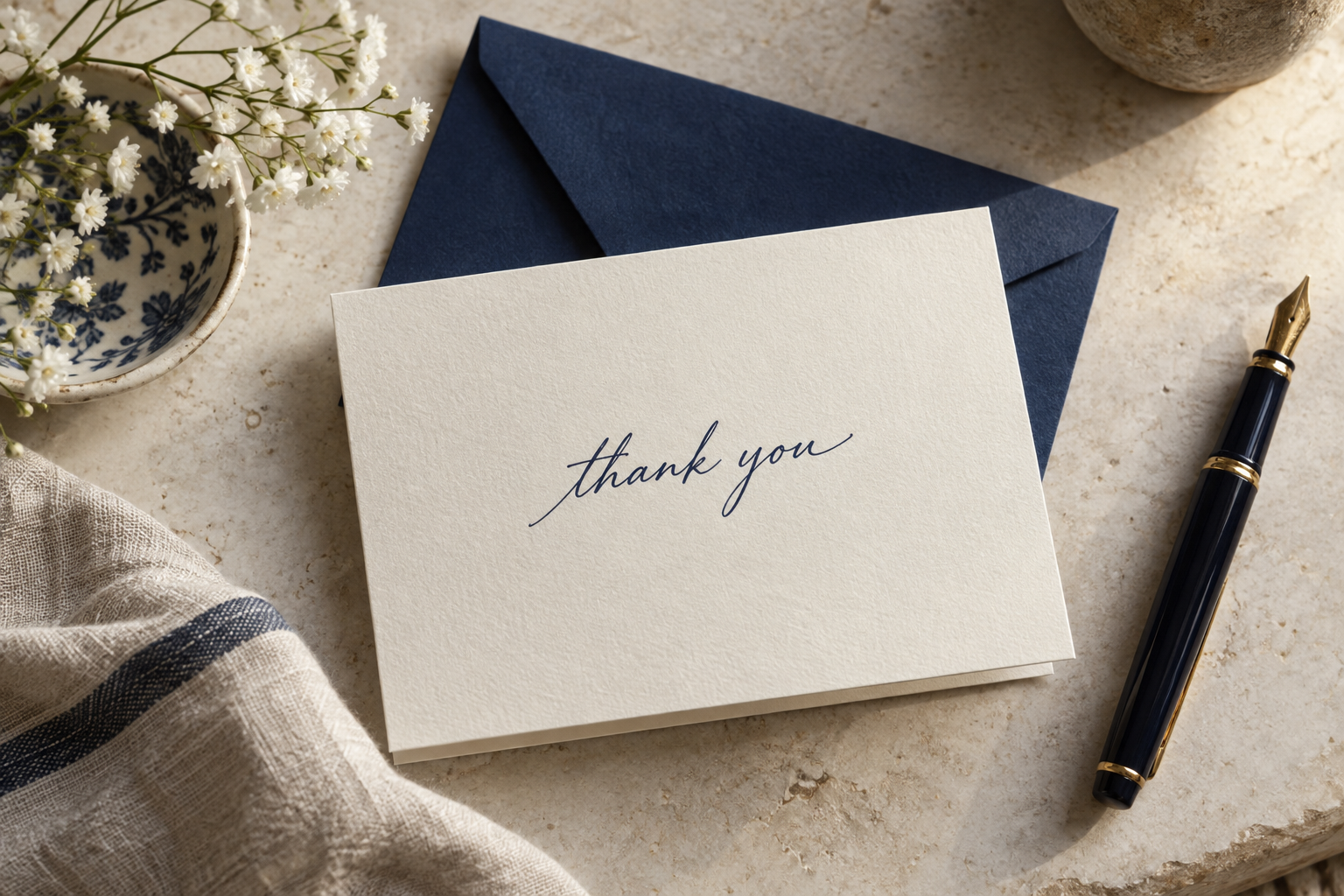 An ivory thank-you card beside a navy envelope and fountain pen
